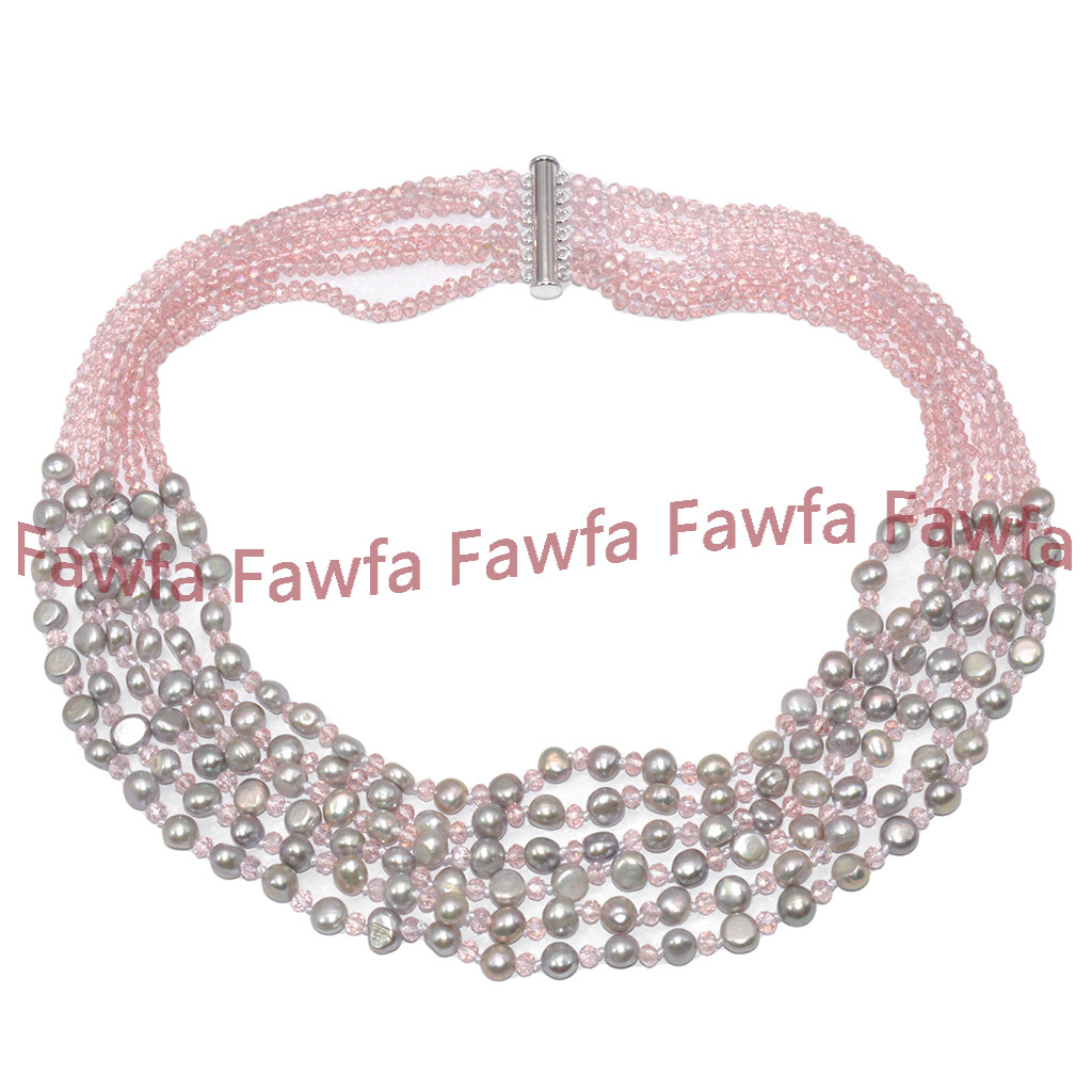 6 Rows 7-8mm Silver Baroque Pearl 3x4mm Faceted Pink Crystal Necklace 18-23”