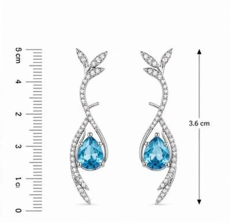 Natural Blue Topaz Earrings 925 Sterling Silver Pear Dangle December Gift