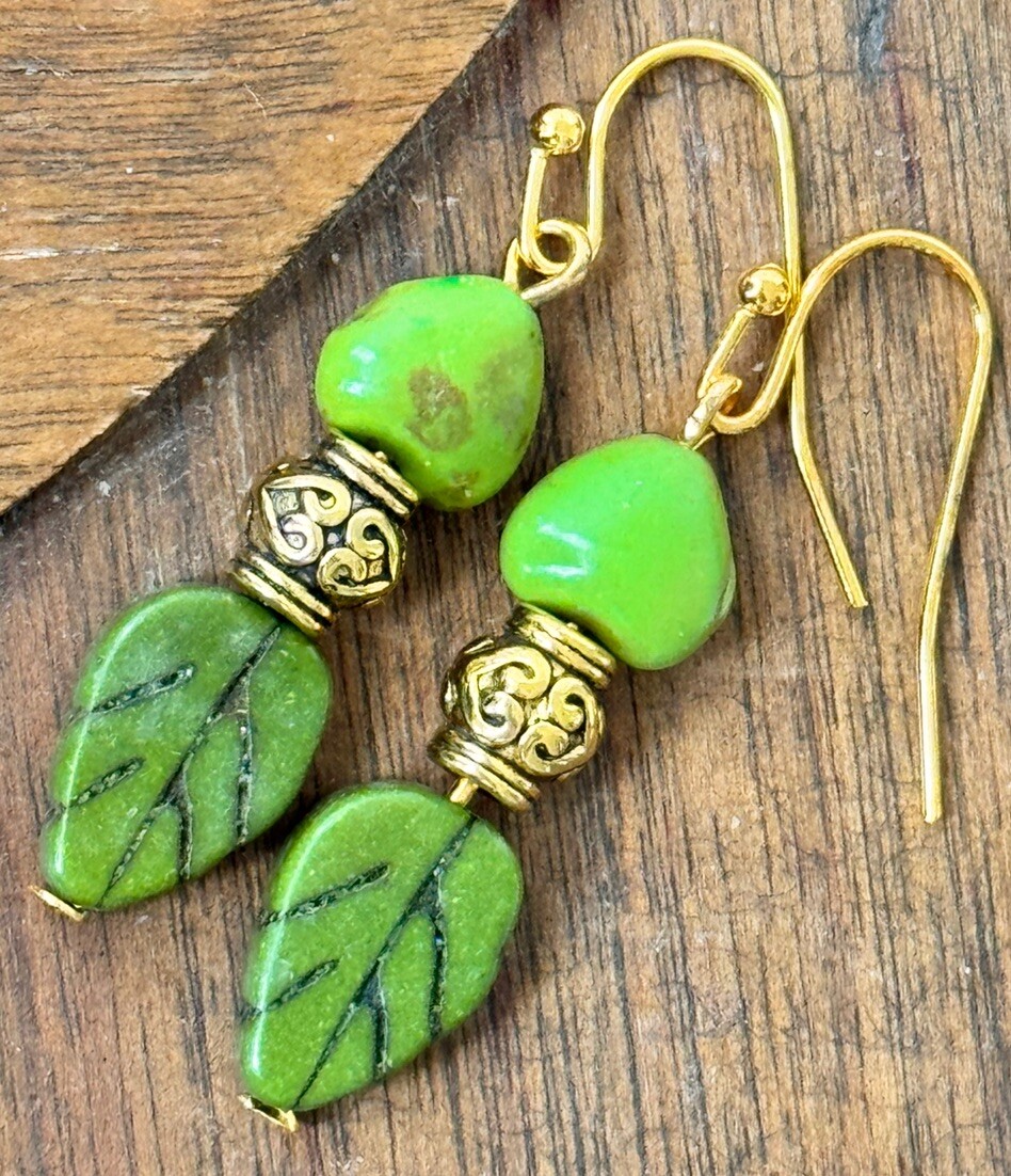 Etched Gold and Green Howlite Leaf. Available In Bronze or Silver Upon Request