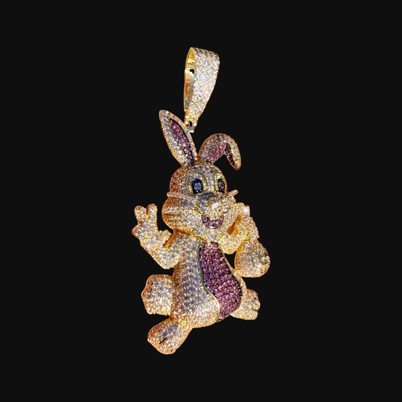 Iced Out Easter Bunny Pendant Purple CZ Gold Hip Hop Rabbit w/ Rope Chain