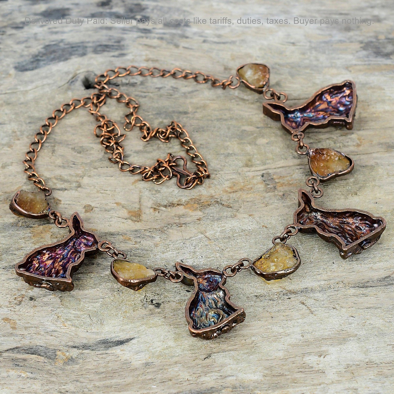 Citrine Rough Gemstone Chain Electroformed And Rabbit Necklace Jewelry Copper