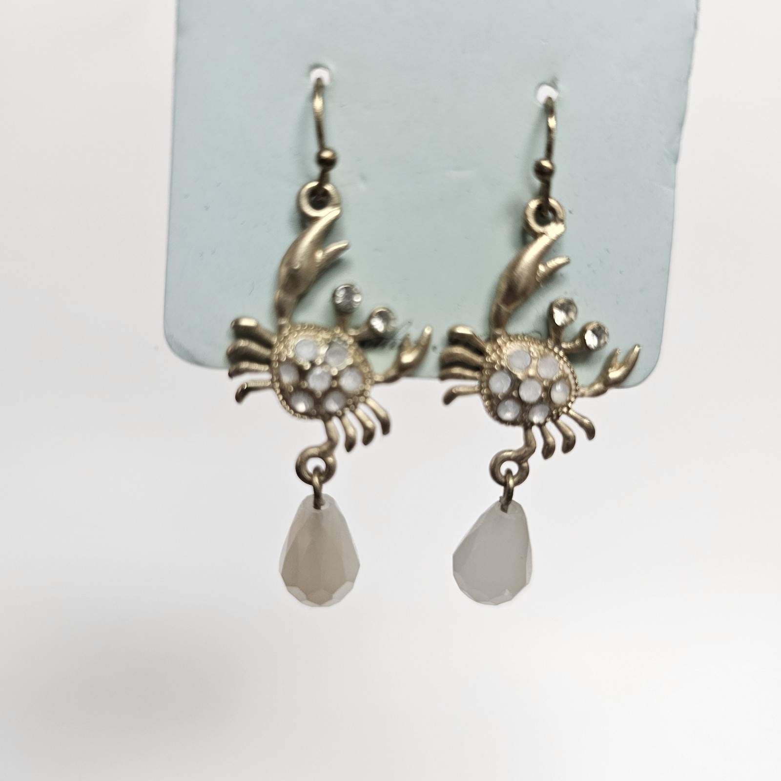 CIEL Collection Crab Dangle Earrings Gold Tone Crystal White Bead Coastal