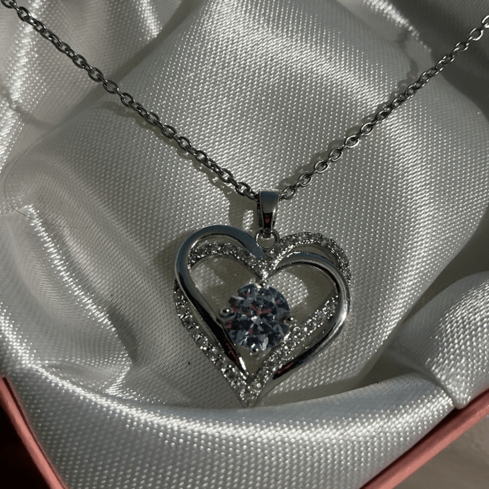 Timeless CZ Diamond Double Heart Pendant Silver Necklace!