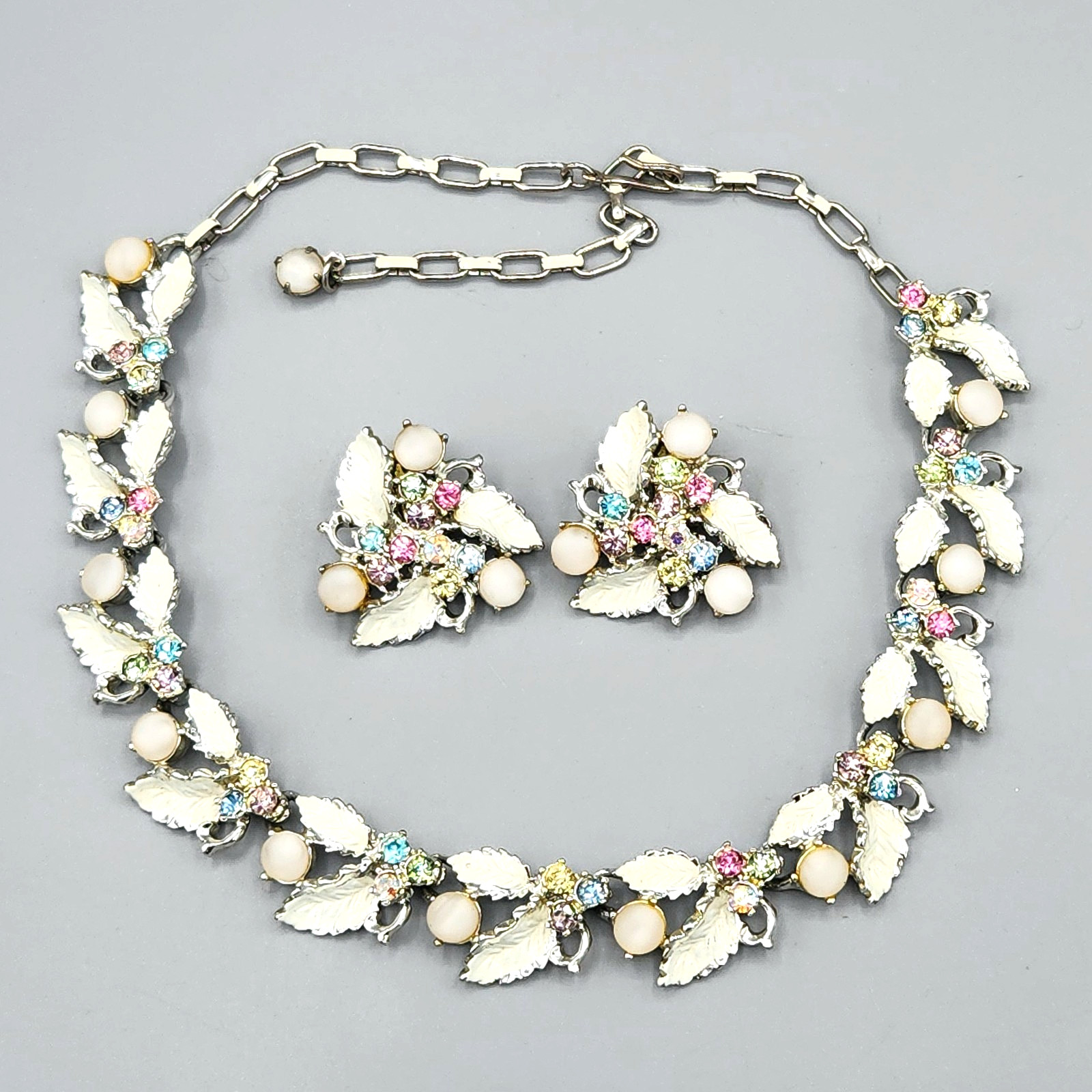 Vintage White Moonglow Enamel Pastel Rhinestone Floral Necklace & Clip Earrings