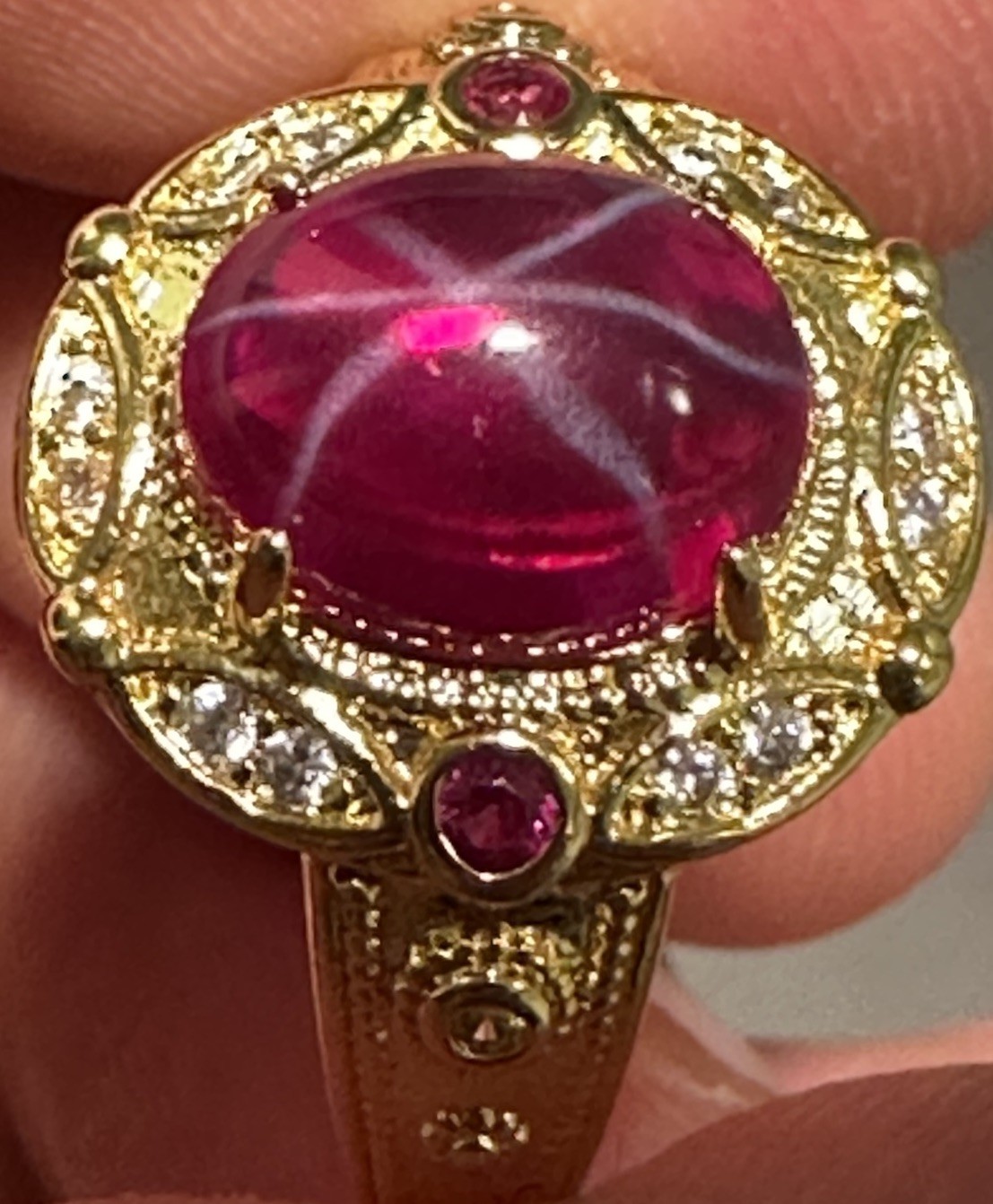 Yellow Gold Cocktail Ring Star Ruby Red Cabochon Prong Set, Size 8.5 Adjustable