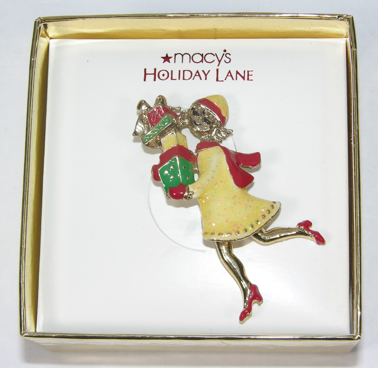 NIB Macy’s Holiday Lane HOLIDAY SHOPPER Metal Enamel Christmas Pin Movable Legs
