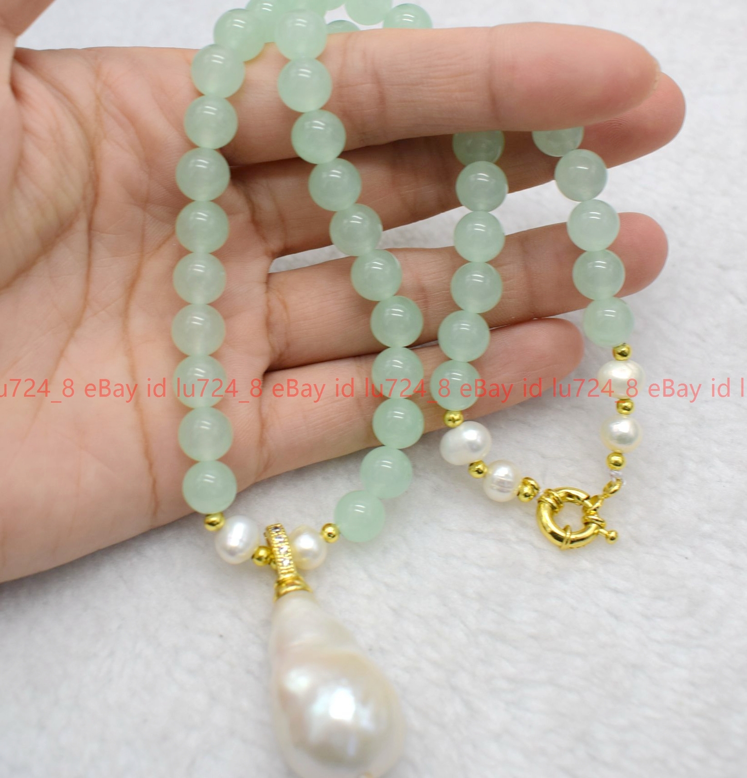 Natural 6-12mm Light Green Jade &White Keshi Baroque Pearl Pendant Necklace 18″