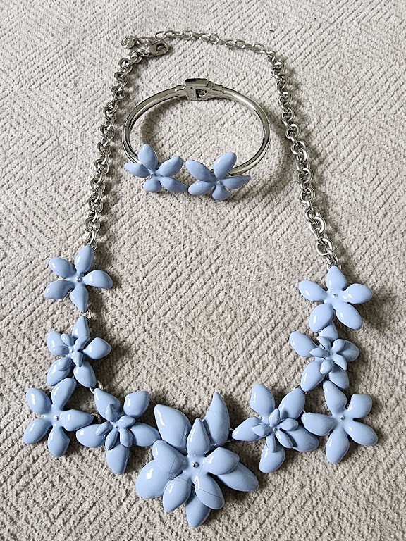 Talbots Light Blue Flower Design silvertone bib necklace and bracelet set.