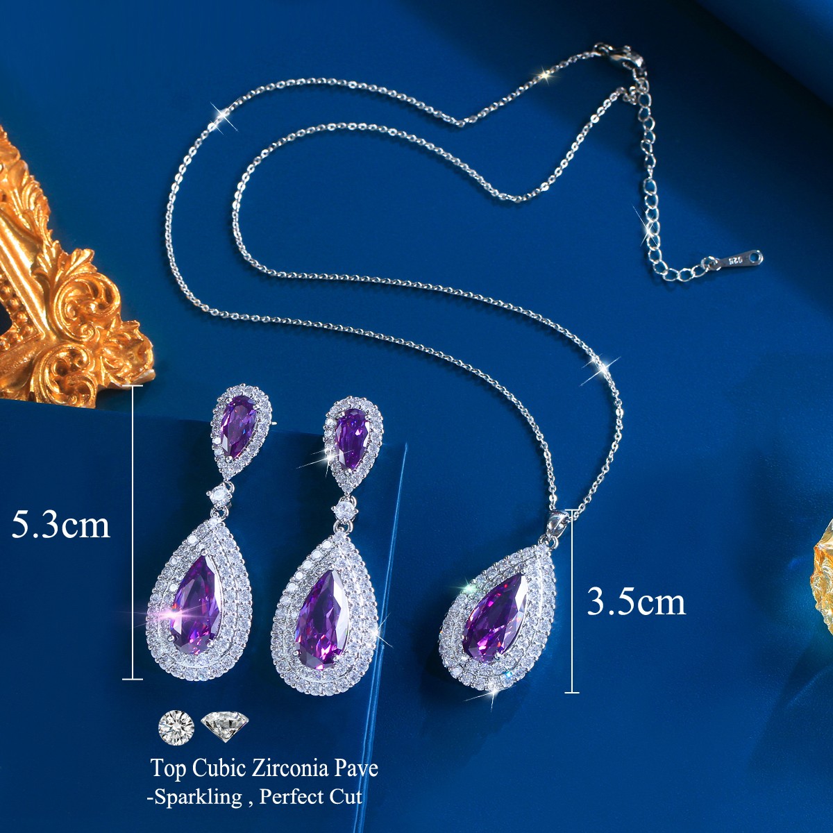 Silver Plated Long Teardrop Drop Earrings Necklace Women Zircon Jewelry Set Gift