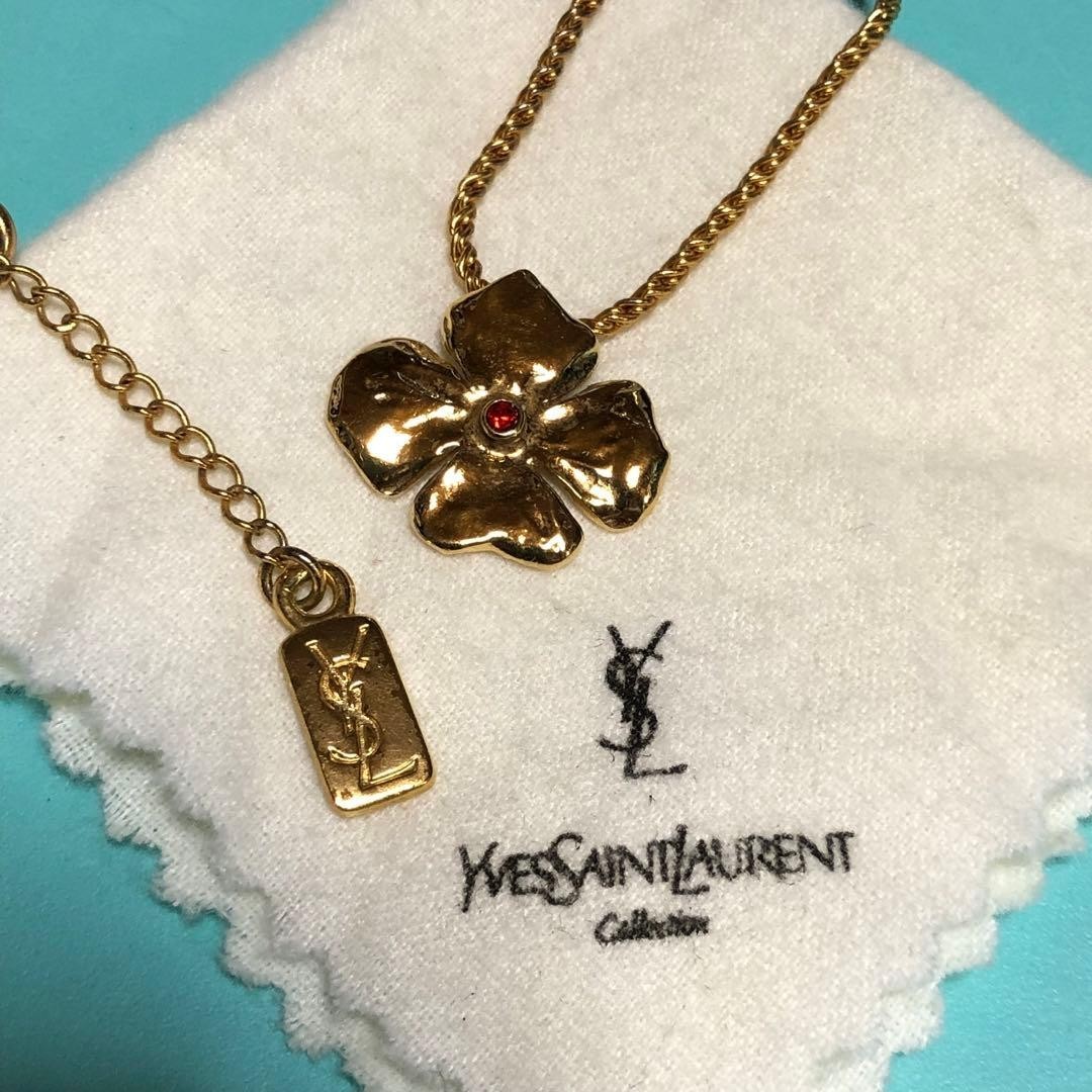 Yves Saint Laurent Flower Necklace Unused Vintage Red Crystal Pendant