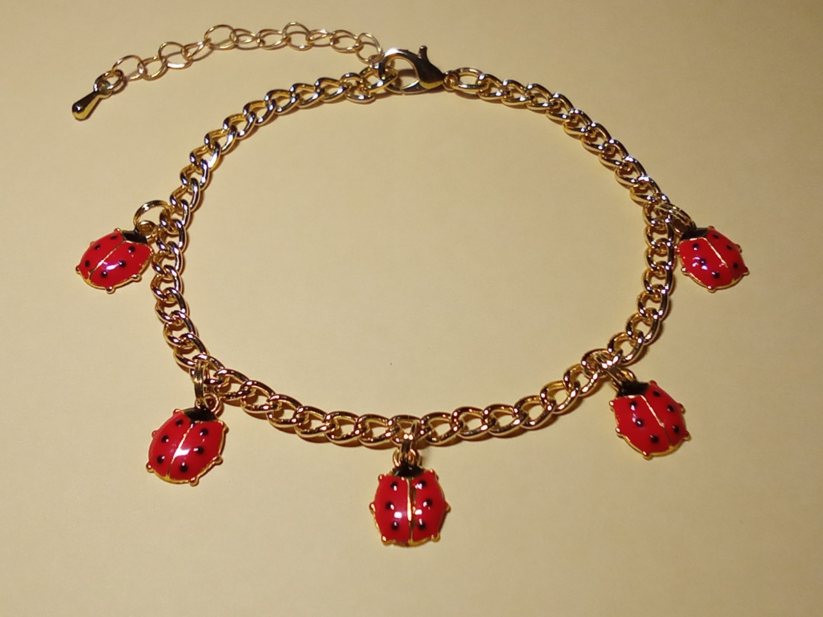 Ladybug Bracelet Gold tone chain 5 red black enamel charms ext chain Summer CUTE