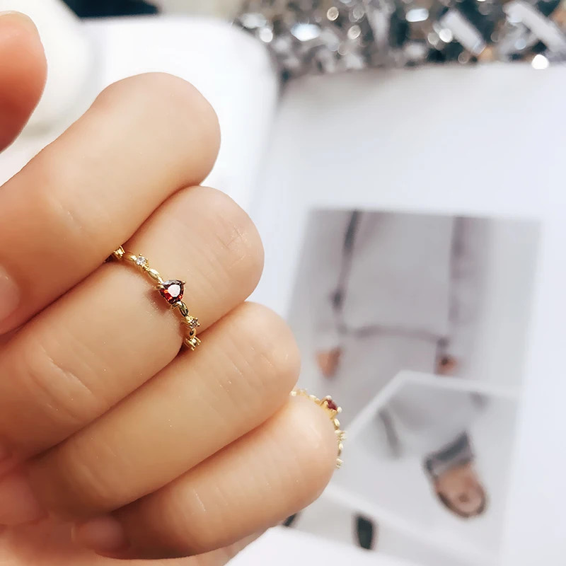 Gold Tone Red Heart Ring Women Cubic Zircon Classic Wedding Modern Band Jewelry