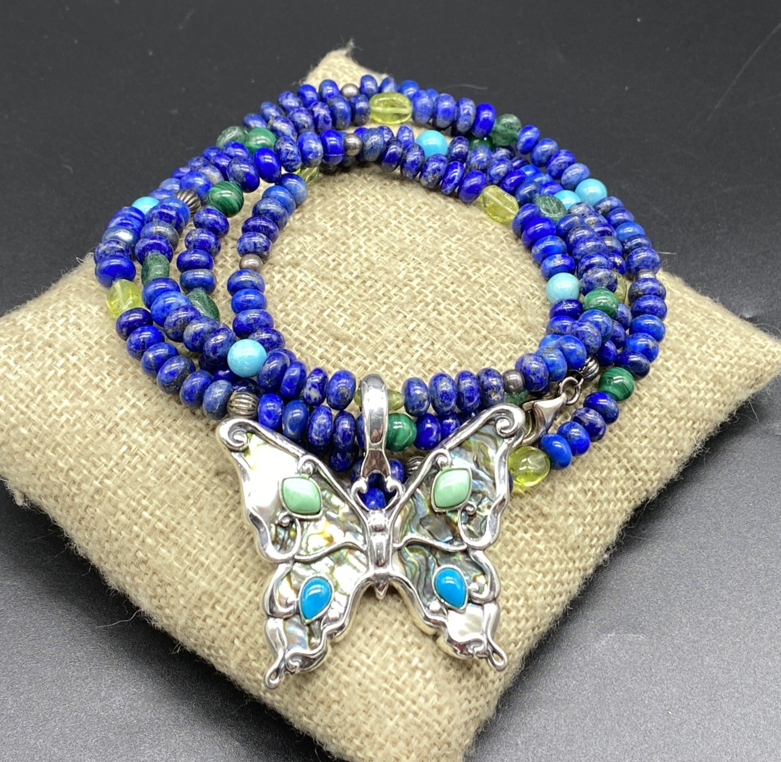CAROLYN POLLACK-Sterling Lapis Multi Stone Abalone Butterfly Enhancer Necklace