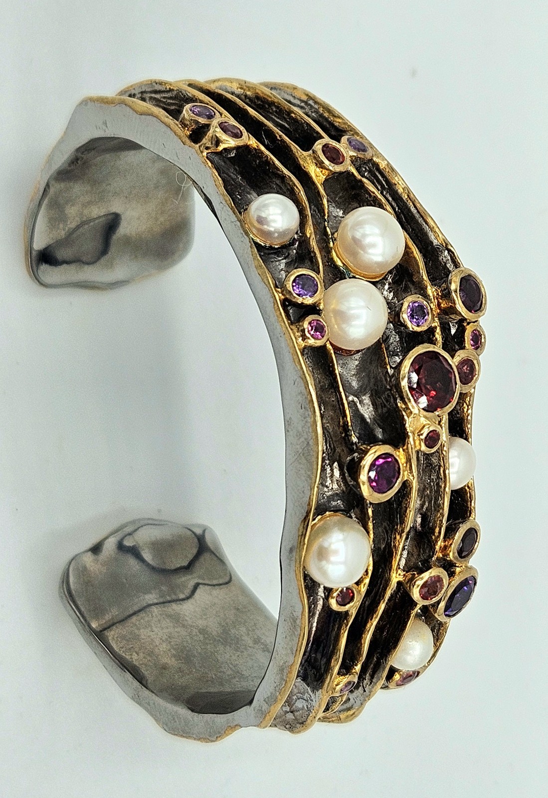 Silver Multi Gem FW Pearl Cuff Bracelet Gold Vermeil Sapphire, Garnet, Amethyst