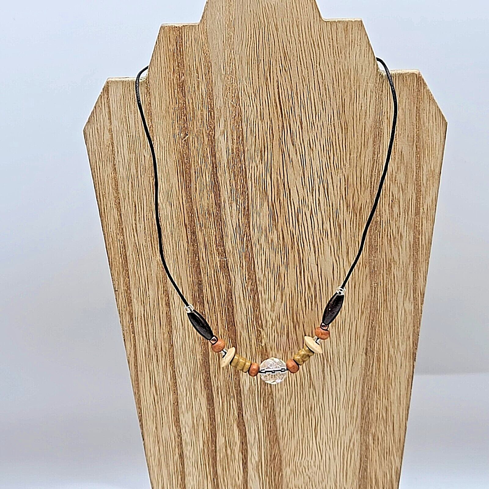 Brown Wooden Beaded Black Wax Cord Necklace w Copper, Clear & Oil Slick Accents