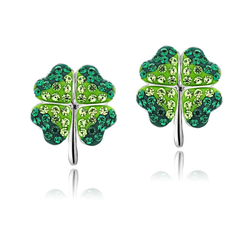 Green Ombre European Crystals Clover Stud Earrings Fine Silver Plate
