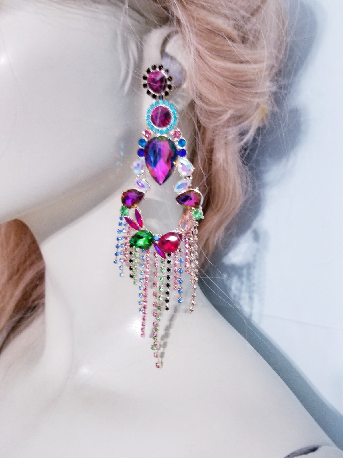 Chandelier Rhinestone Crystal Pageant Bridal Earrings Colorful Drop Dangle 6 In