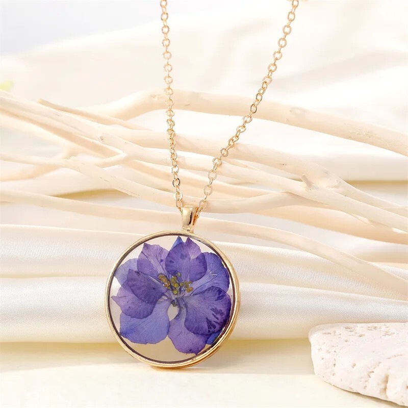 Fashion Dried Pressed Natural Flower With Thick Glass Pendant Necklace Jewelry
