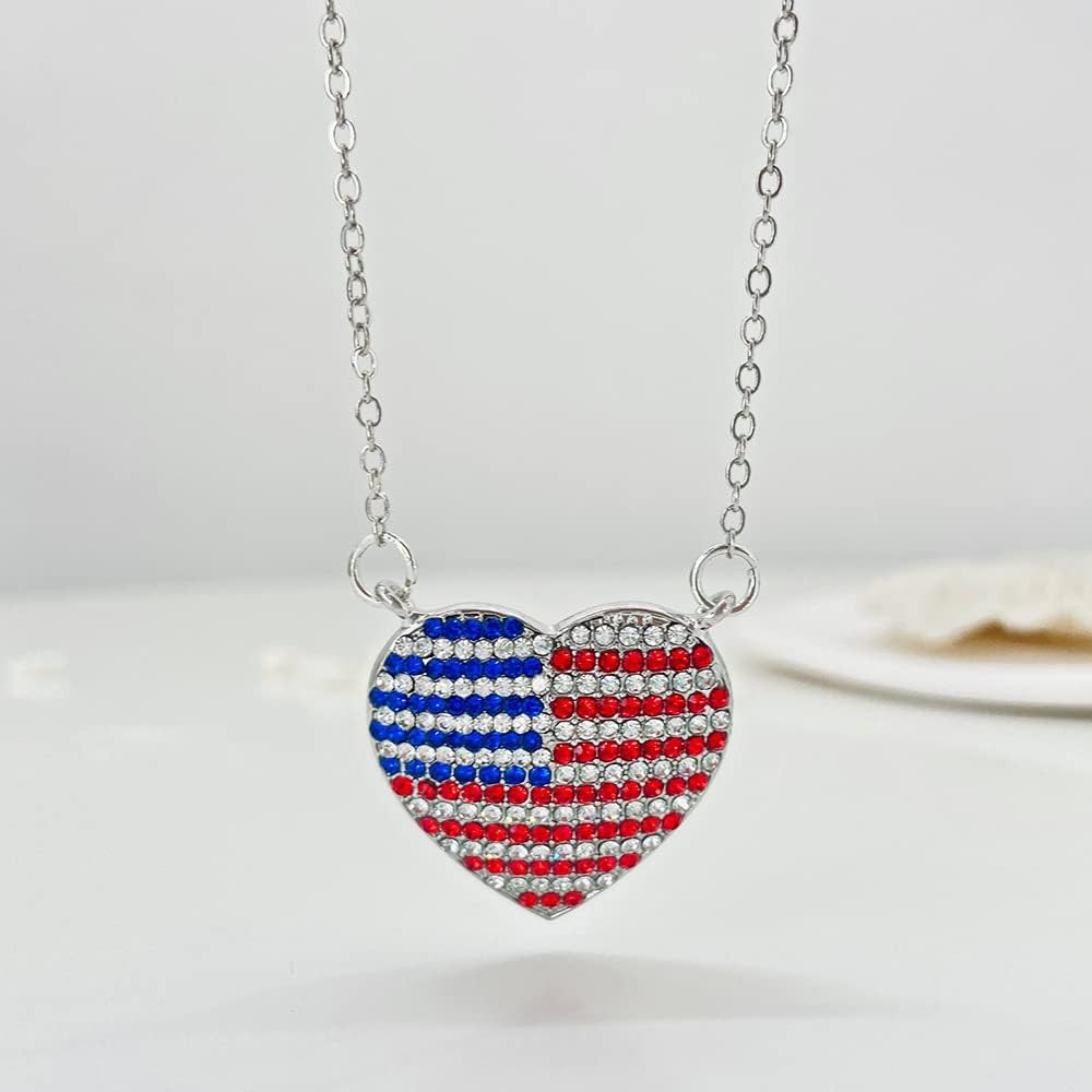 4th of July Rhinestone USA Flag Necklace Patriotic Red White Heart necklace