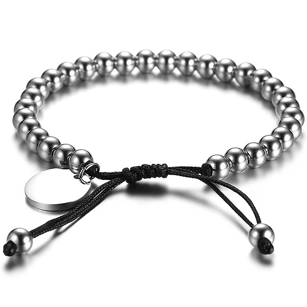 Engraved Stainless Steel Adjustable 6mm Bead Black String Bracelet