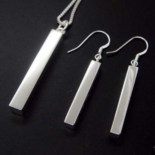 Beautiful New Sterling Silver Plated Stick Column Bar Necklace & Earrings Set