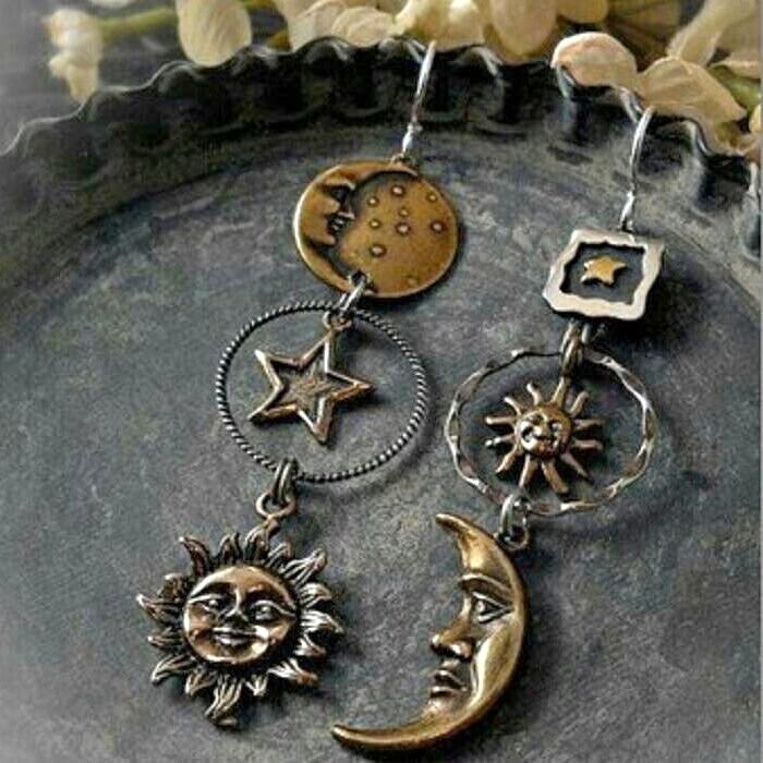 Sun & Moon Earrings, Star, Asymmetrical, Unique, Mixed Metal, Brass, Antiqued