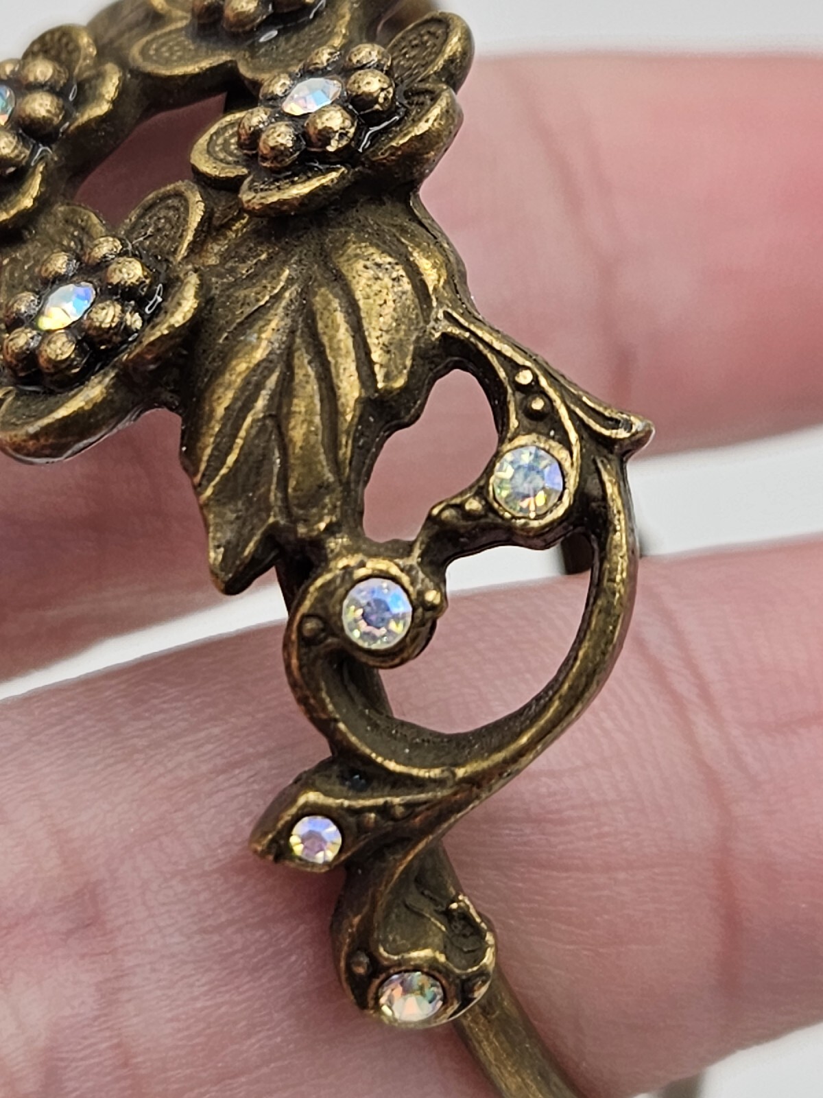 Sweet Romance Antiqued Brass AB Crystals Floral Hoop Earrings Made in USA