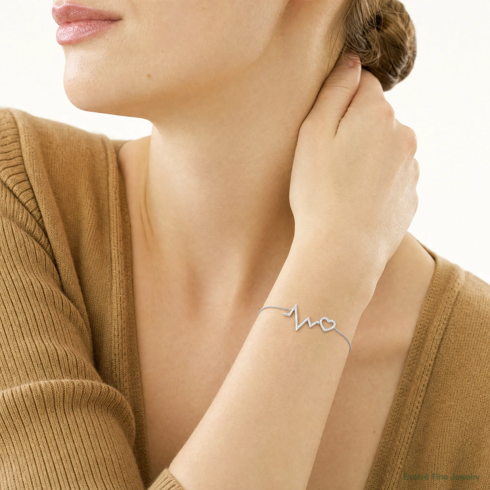 Sterling Silver Polished Rhodium Micro PavÃ© CZ Heartbeat Adj. Bracelet