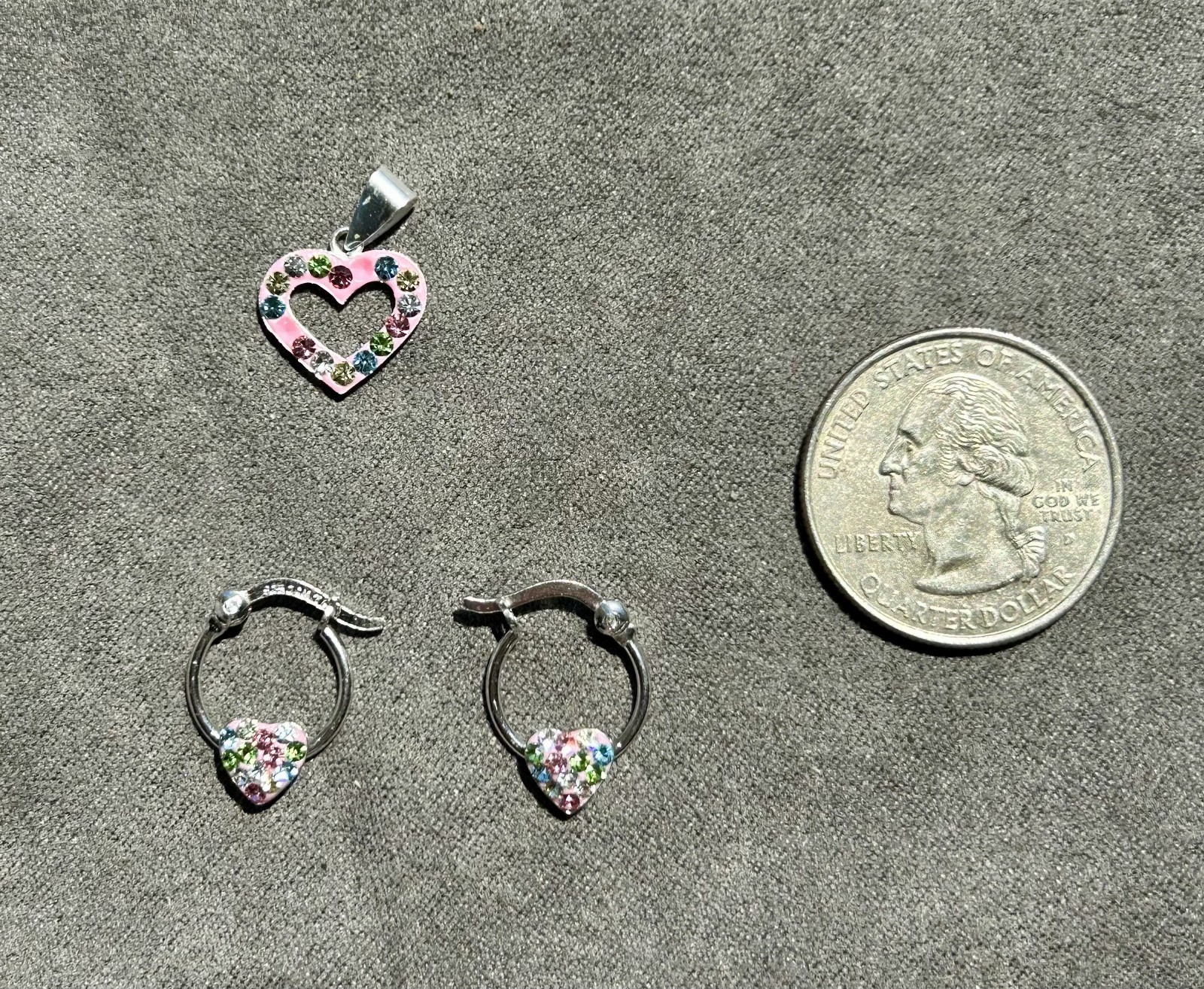 925 Sterling Silver Heart Pendant and Earrings Set for Kids (missing stones)