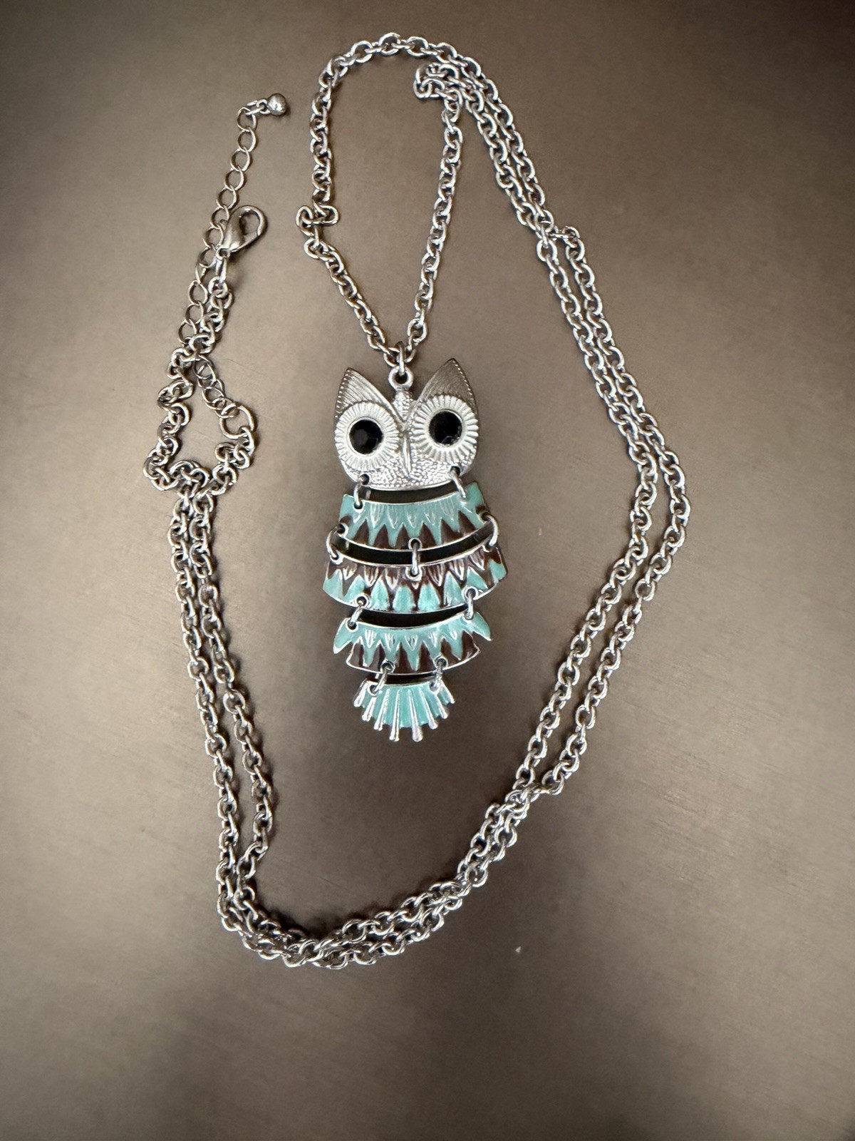 Articulated Silver Tone Blue Enamel Owl Charm Pendant Necklace Metal Cable Chain
