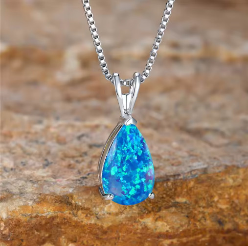 Opal Stone Pendant Minimalist Droplet Fire Opal Necklace Sterling Silver Woman
