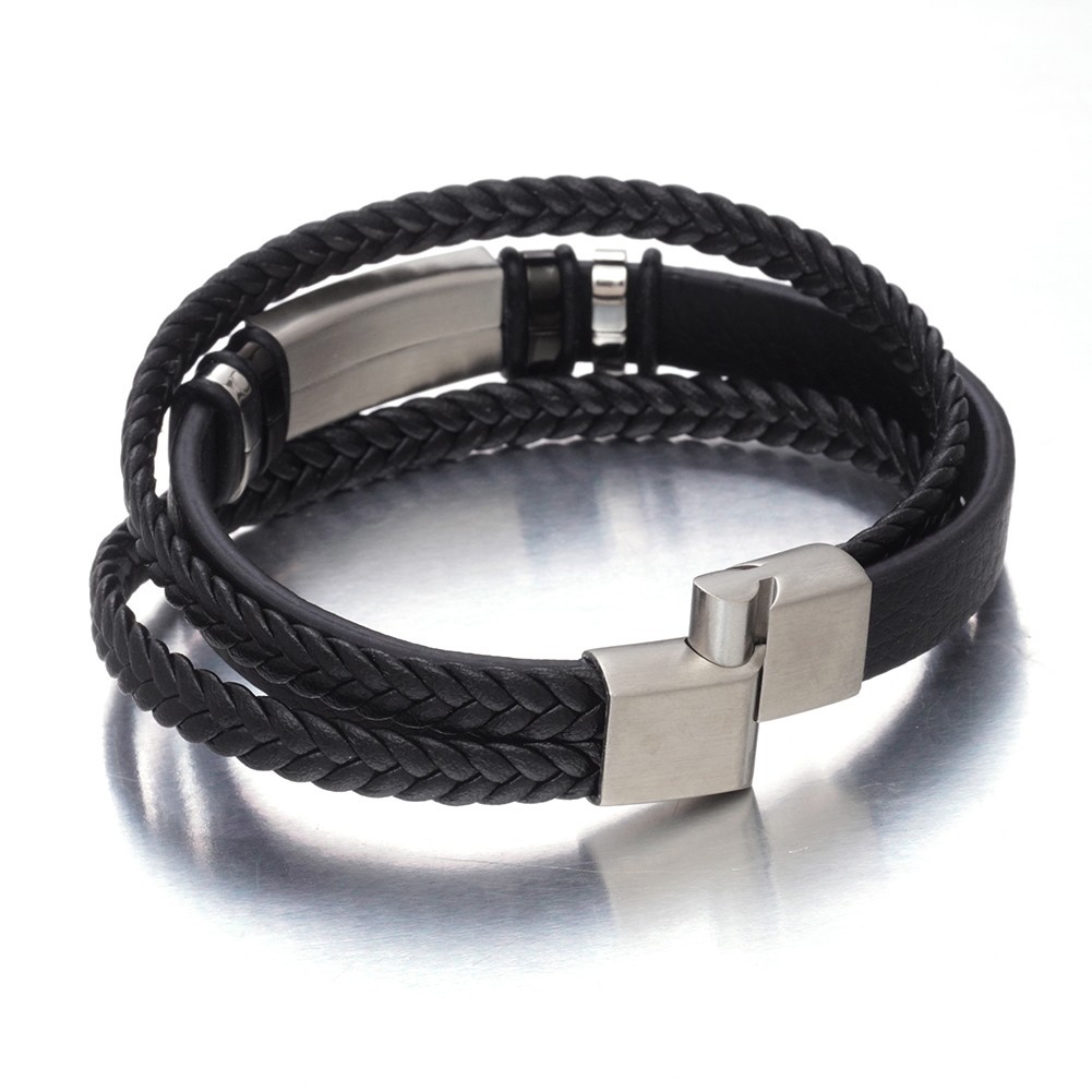 Men Multi Layer Braided Leather Bracelet Silver Gold Black Stainless Steel Clasp