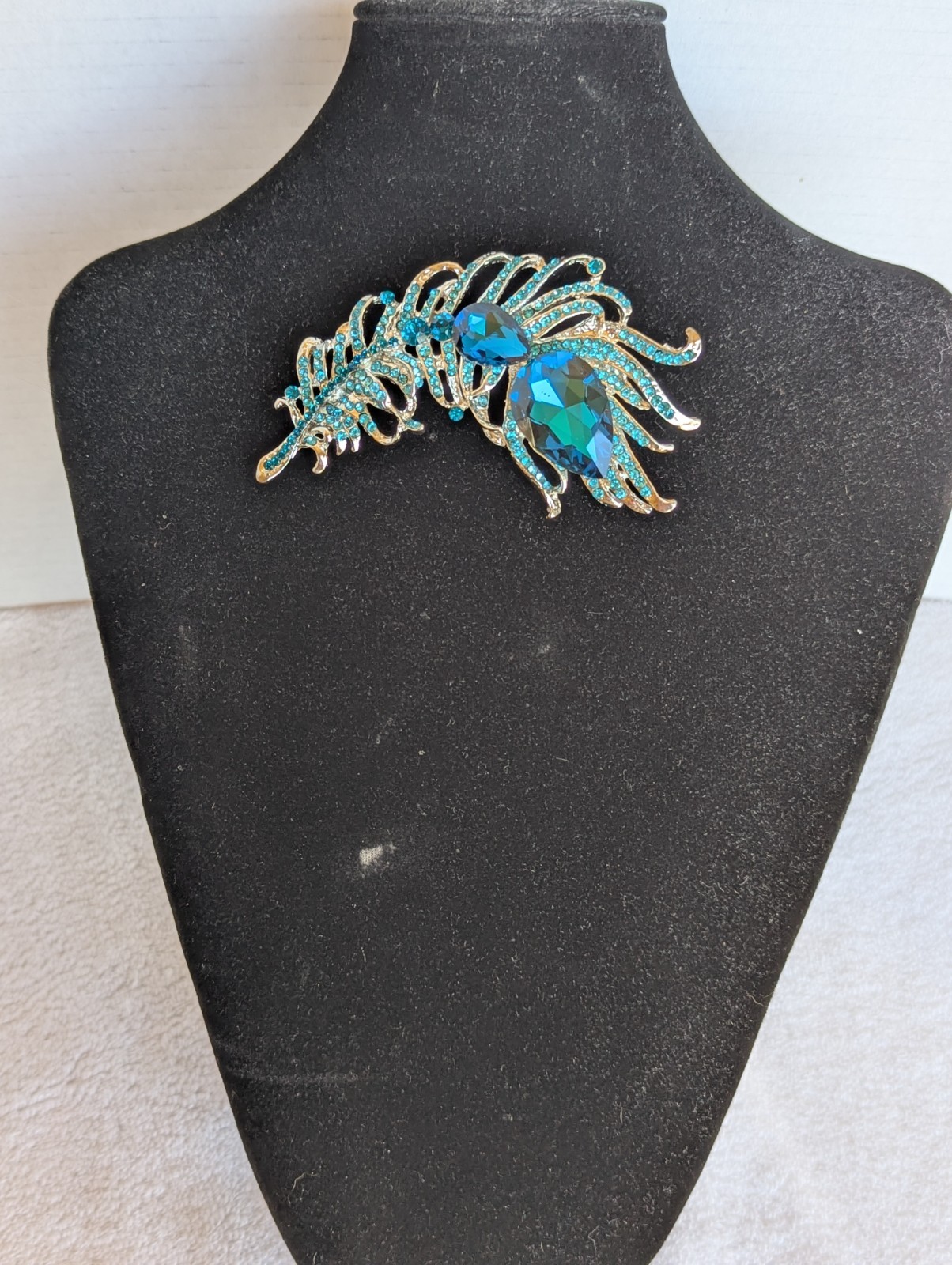 Blue Rhinestone Feather 3 3/4″ x 2 1/4 ” Brooch Pin