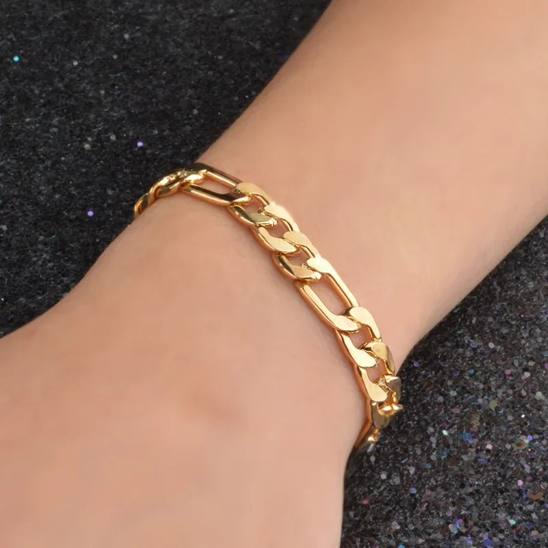 8 Inch Gold Bracelet 8MM Gold/Silver Color Full Side Figaro Chain Bracelet.