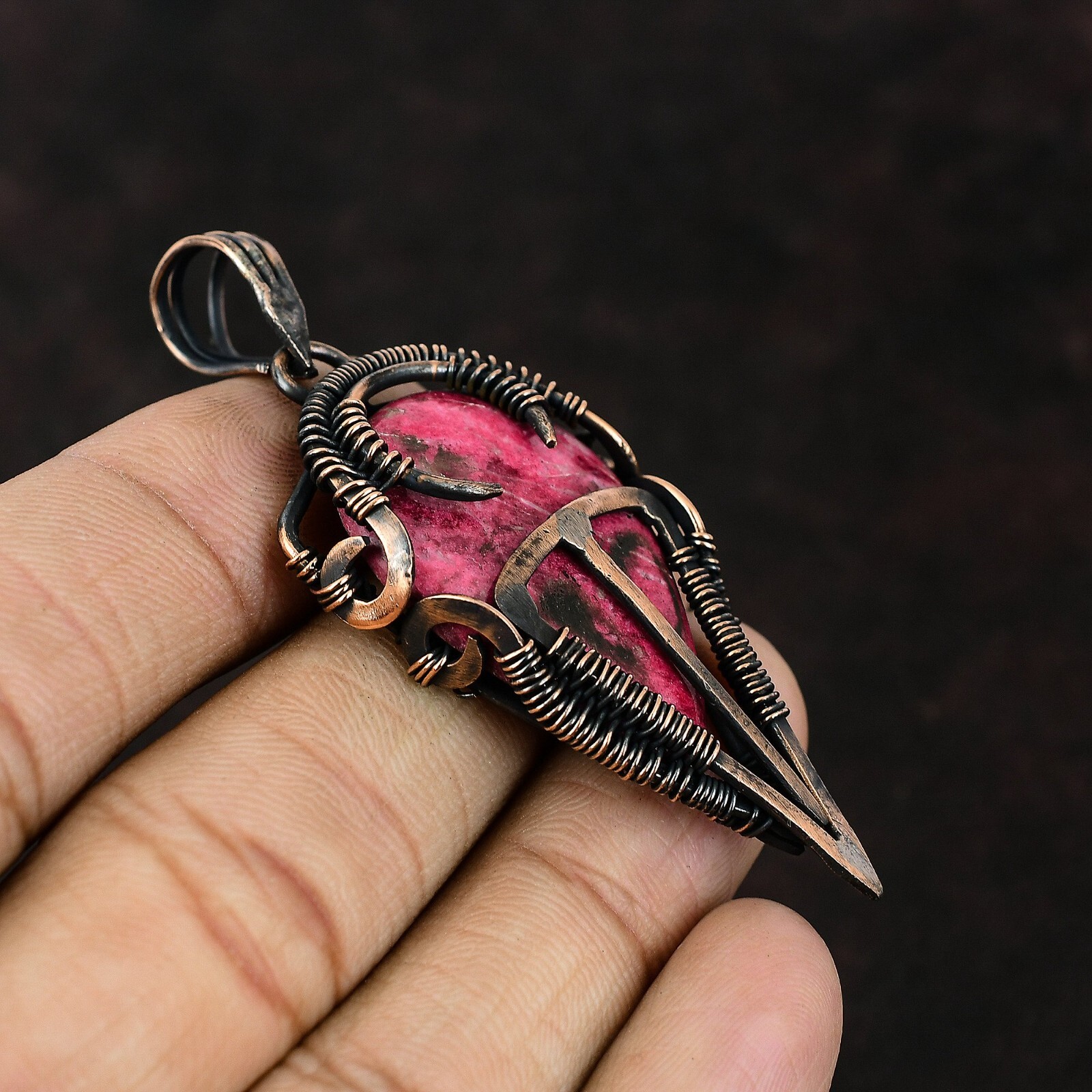 Thulite Gemstone Handmade Jewelry Copper Sister Gift Wire Wrapped Pendant 2.64″