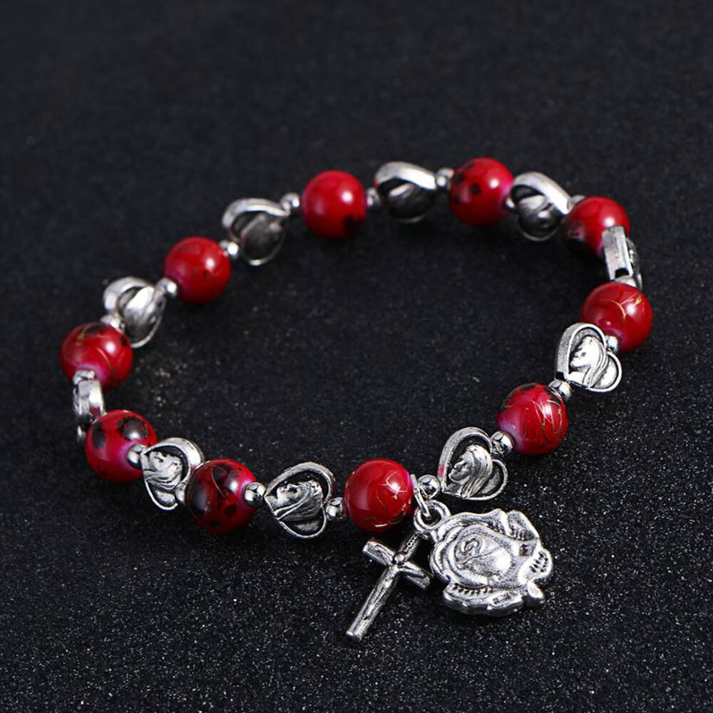 Virgin Mary Rosary Beads Stretch Bracelet Ave Maria Rose Charm Cross 3 Colors