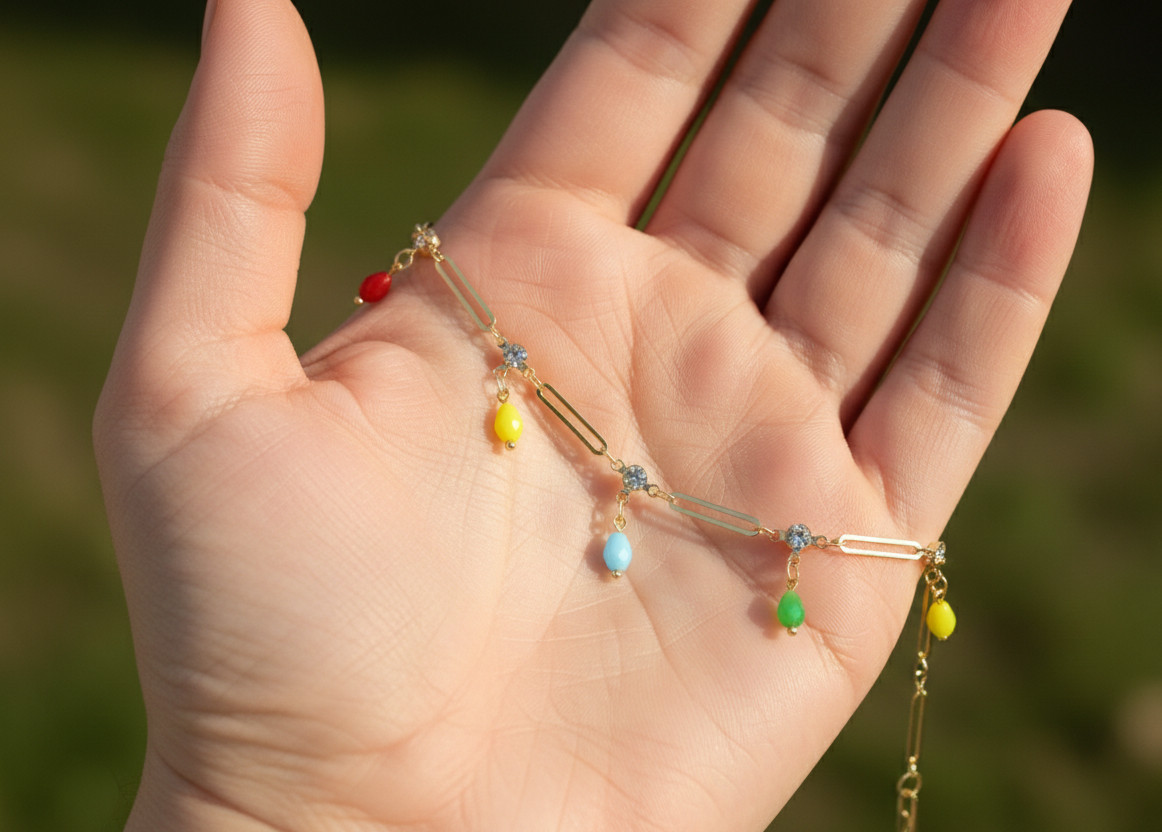 Multi-Color Gemstone Paperclip Anklet Boho 18K Gold Plated Colorful CZ Accent
