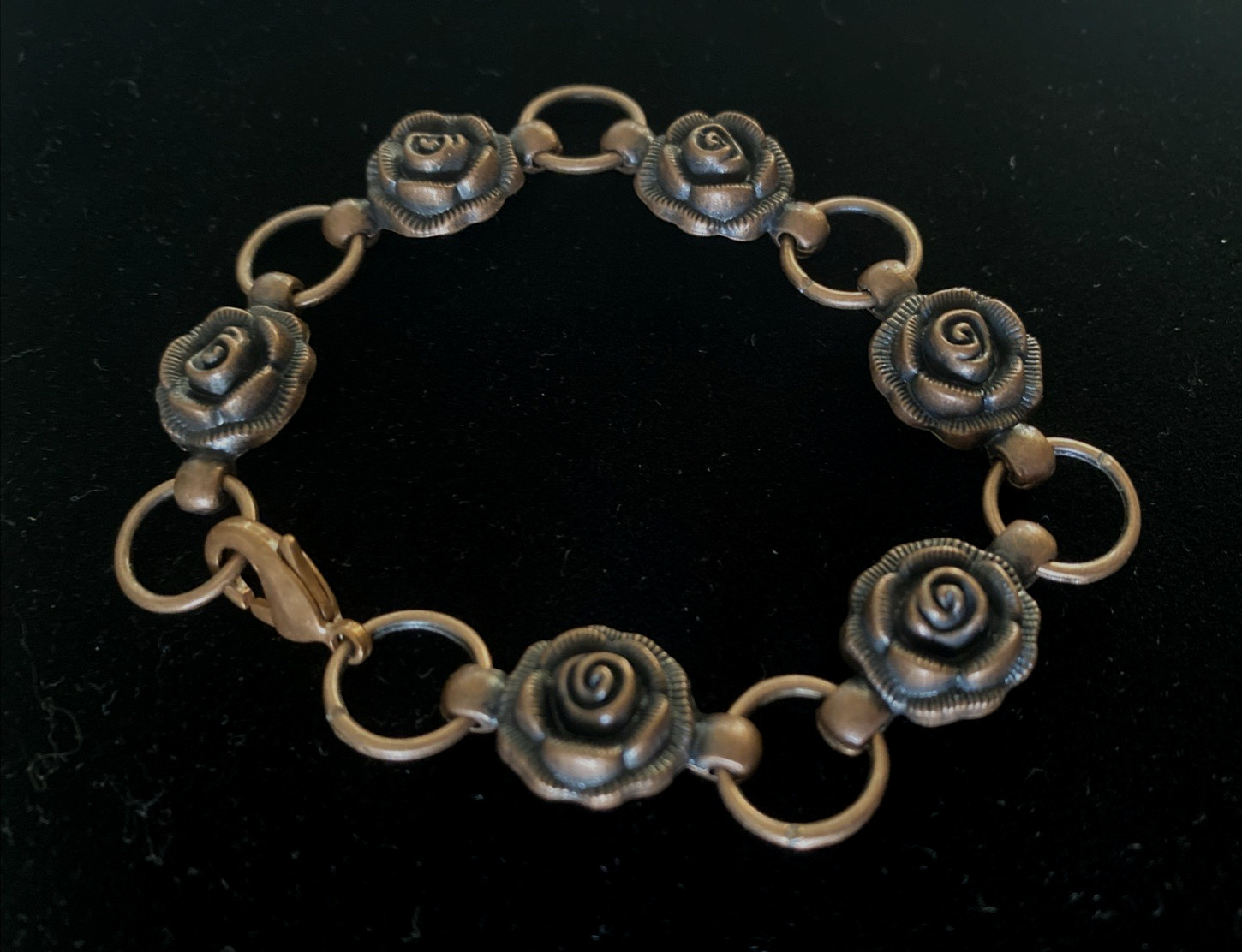 Rose Bracelet Antique Copper Hook Clasp Roses Pewter Charms 7 1/4″ inch Flower