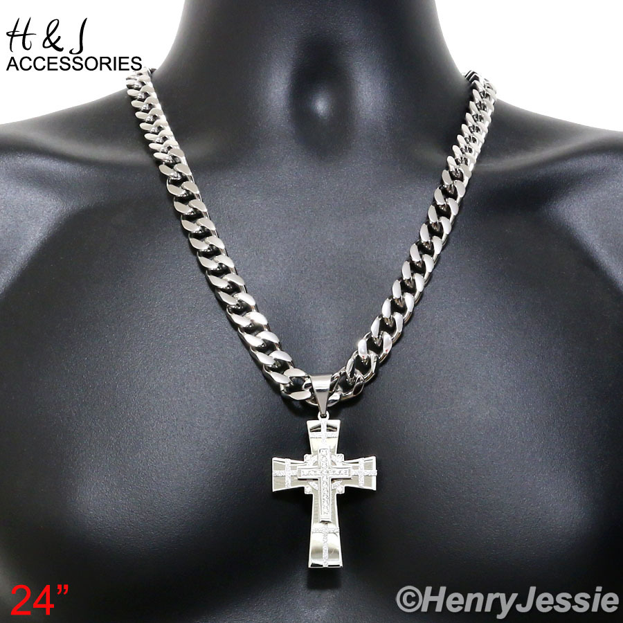 24″30″36″Stainless Steel 11mm Silver Cuban Curb Necklace ICY CZ Cross Pendant*N7