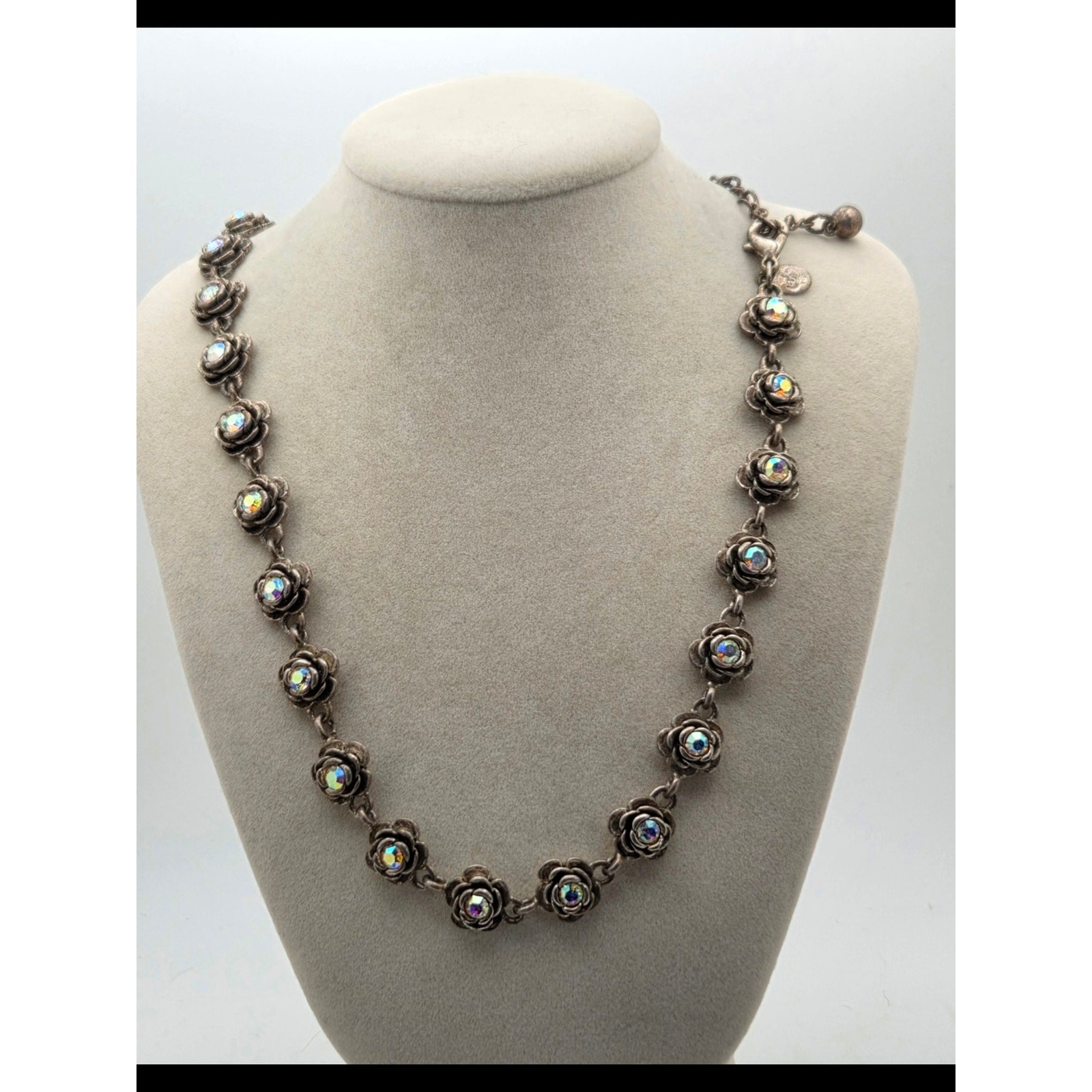 Premier Designs Antiqued Silvertone Rose Link Necklace AB Rhinestones 18″