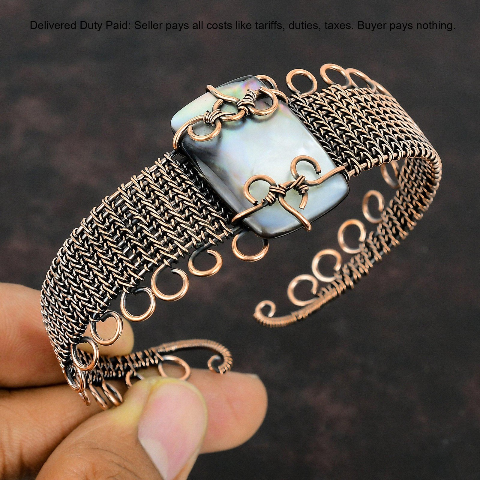 Copper Black Mother Of Pearl Stone Anniversary Wire Wrapped Wife Bangle Bracelet