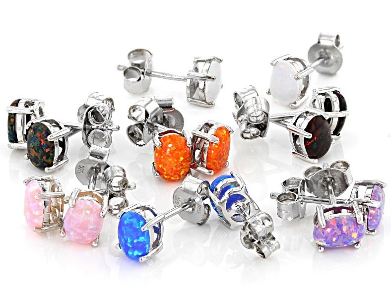 Multi-Color Oval Lab Created Opal Rhodium Over Sterling Set of Stud Earrings NEW