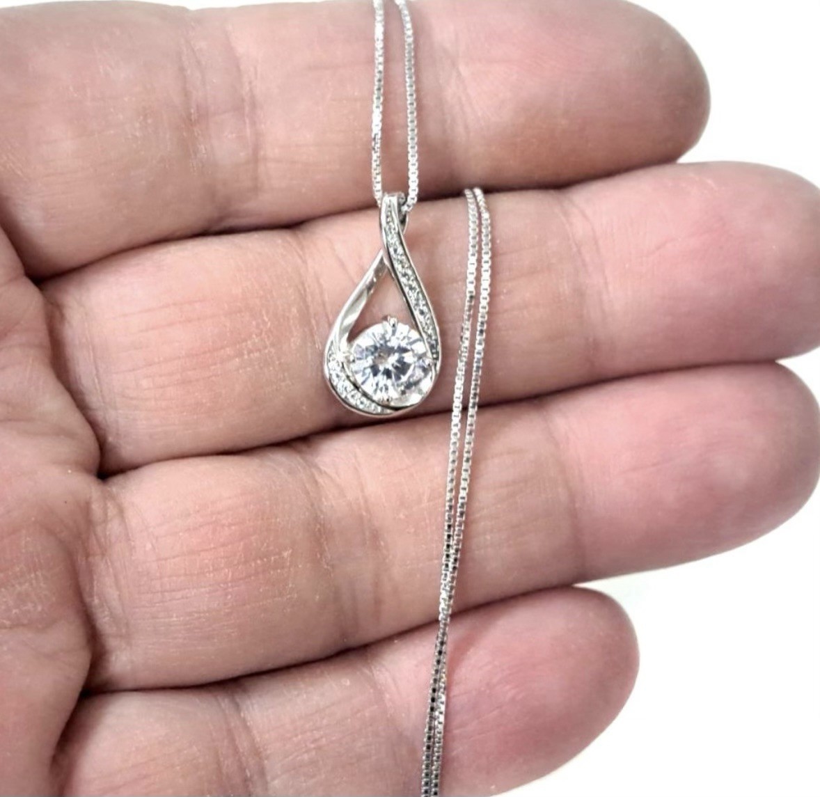Silver Teardrop Pendant Necklace Cubic Zirconia Box Chain Prong Setting
