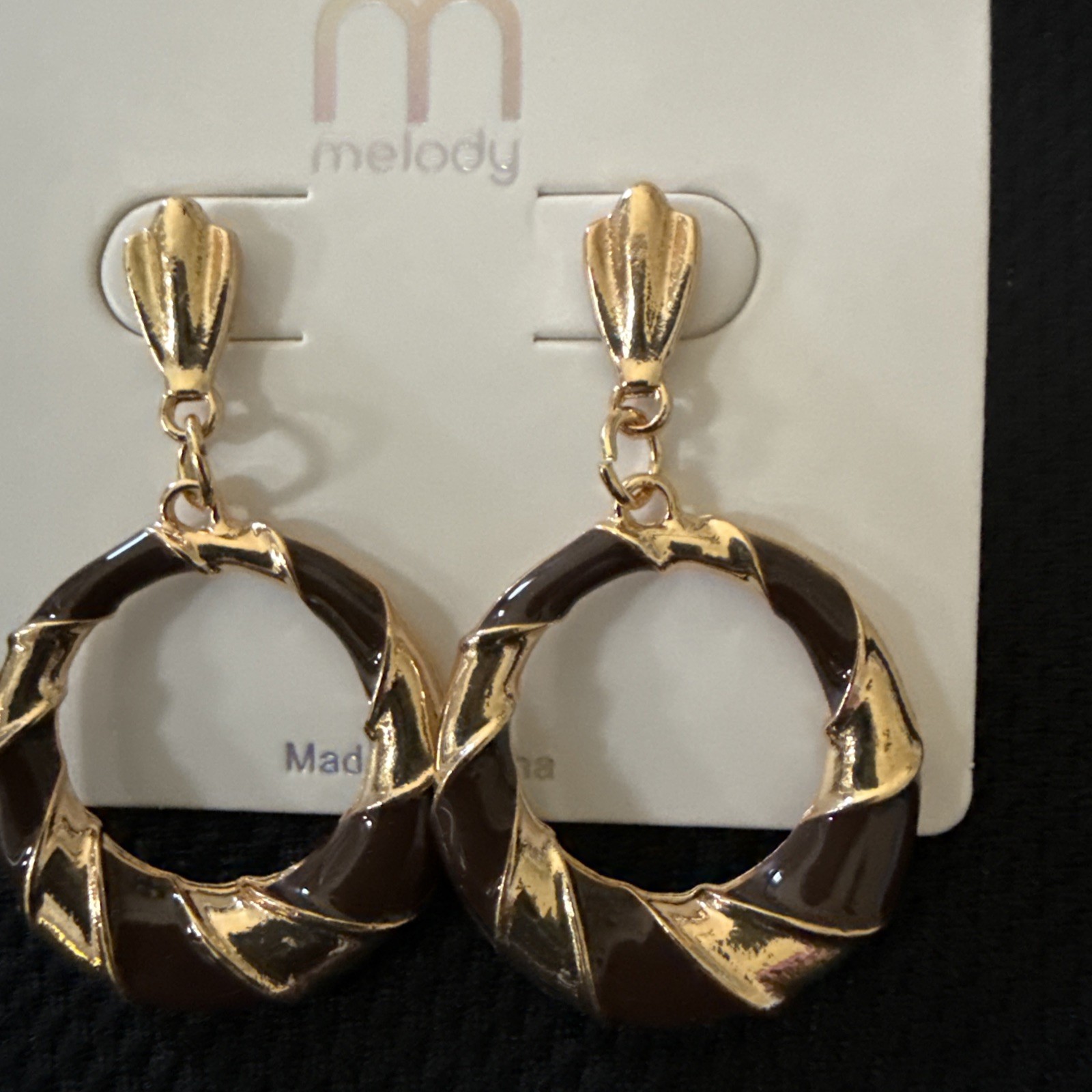 Dark Brown & Gold Plated Dangle Earrings By Melody NWT