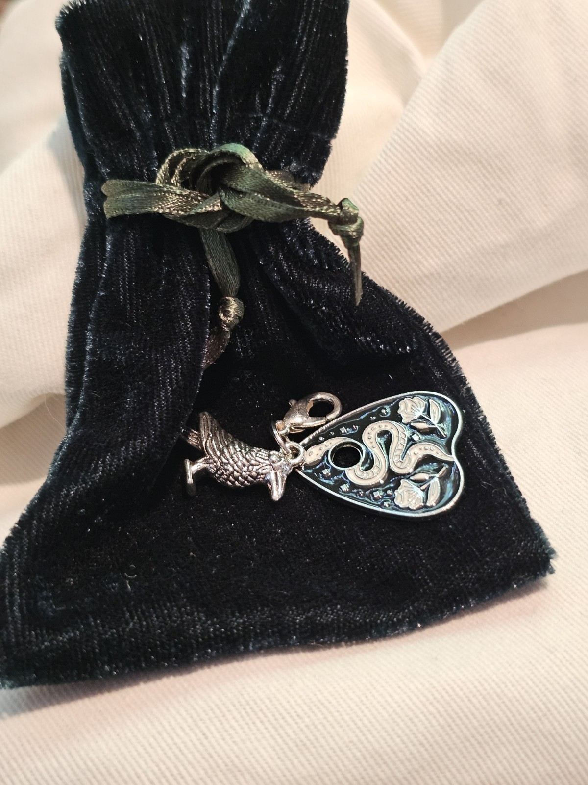 Silver Crow Planchette Dangle Charm Lobster Clasp Crystal Velvet Set