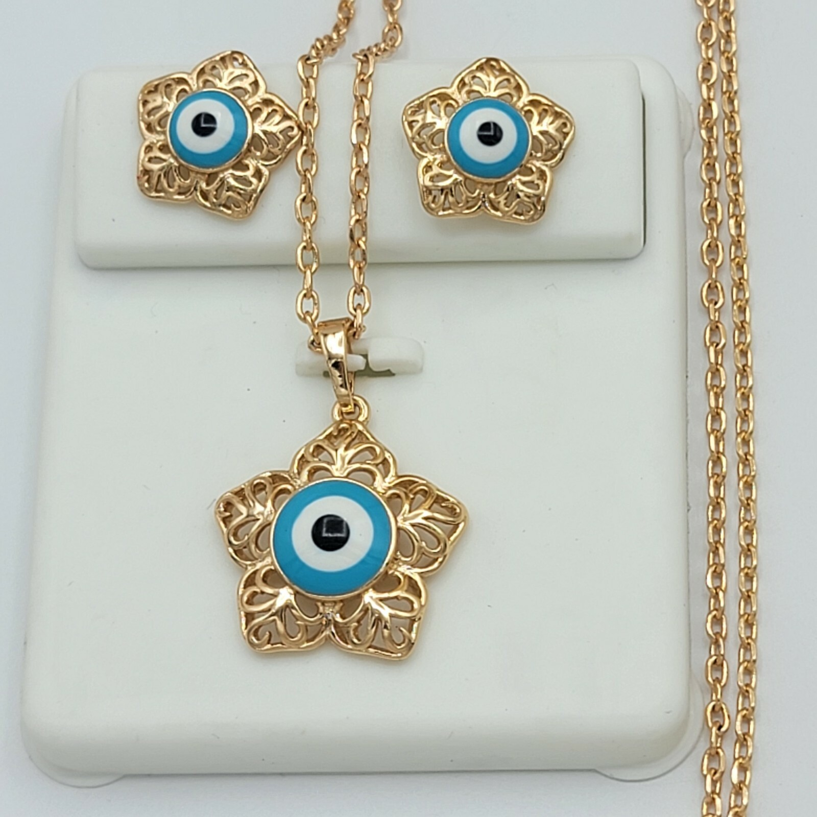 18K Gold Plated Clear Crystals Eye Set Pendant * Chain * Earrings.