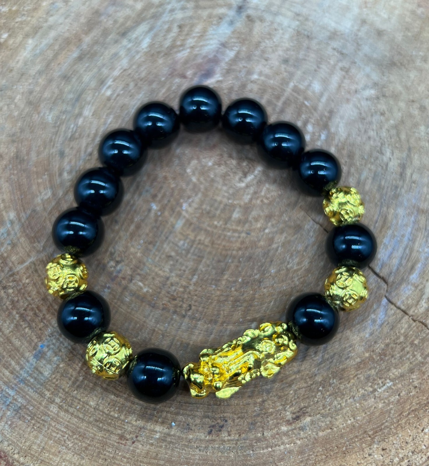 Gold Pixiu Charm Black Stone Beaded Spiritual Lucky Brave Bracelet for Wealth