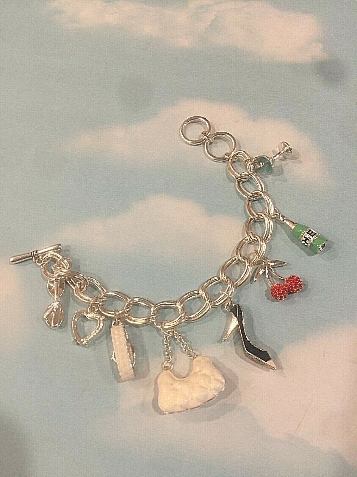 LADY GOOD TIME ACCESSORY SILVER CHARM BRACELET Purse Shoe Cocktail Champagne NEW