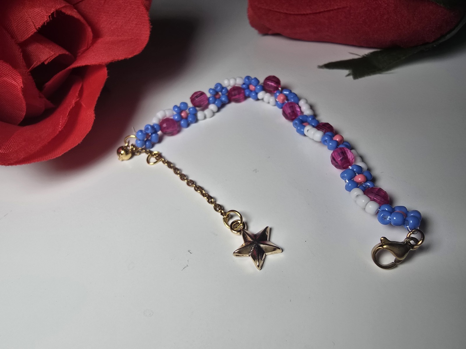 Blue & Pink Beaded Star Dangle Charm Bracelet Cable Chain Lobster Clasp