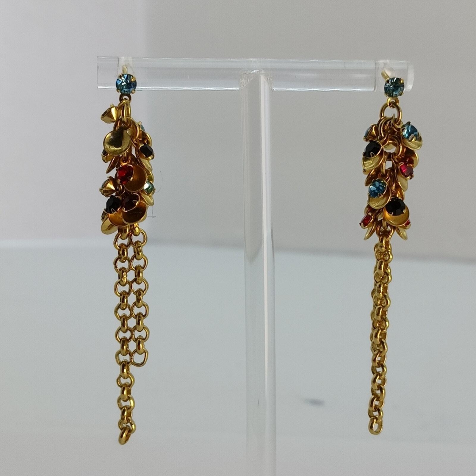 Multicolored Dangle Womens Earrings Gold Tone Chain Long 5.5 cm